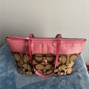 Coach Brown Signature Canvas Tote with Pink Trim